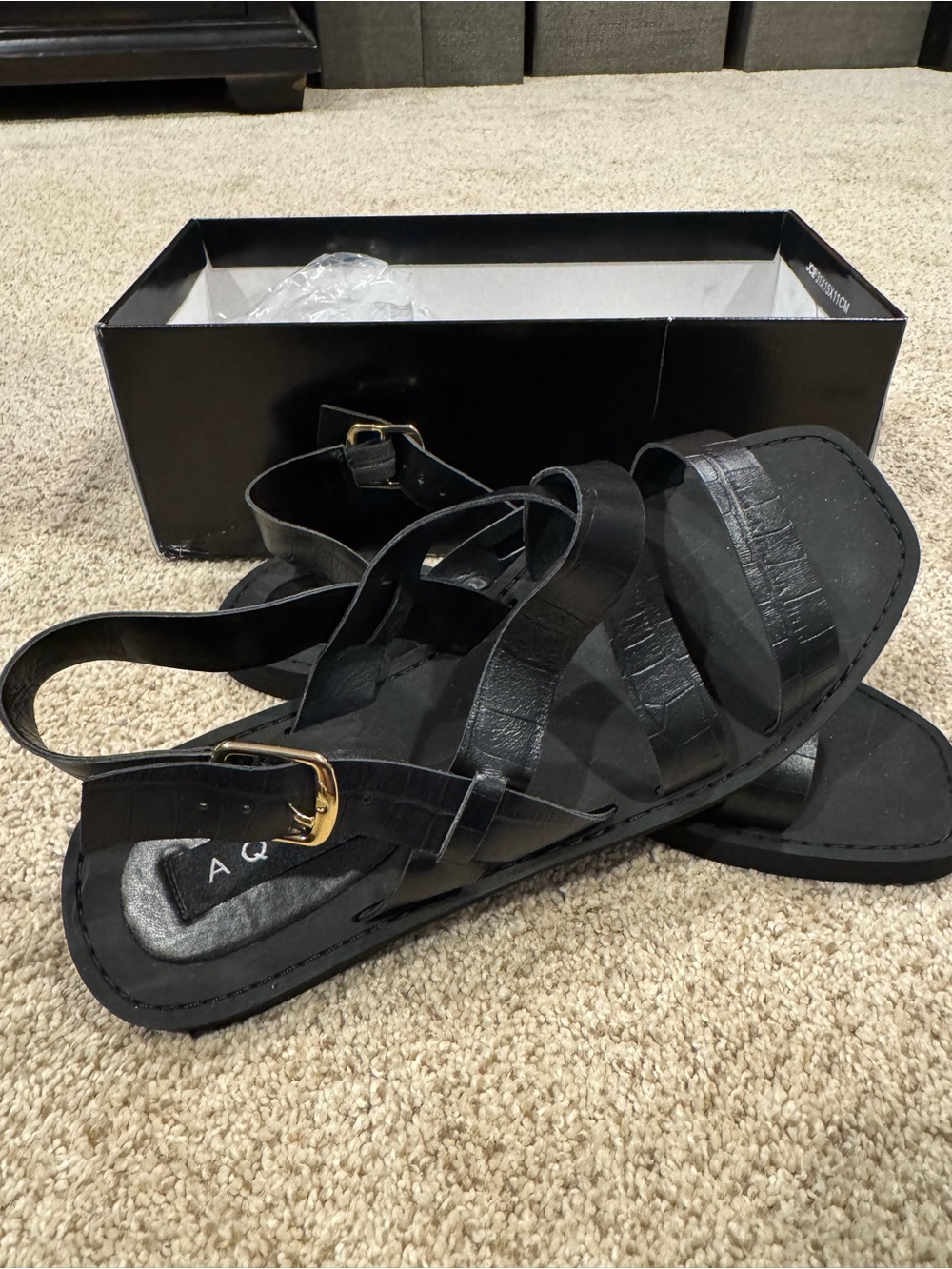 Black Strappy Croc Sandals with Gold Buckle